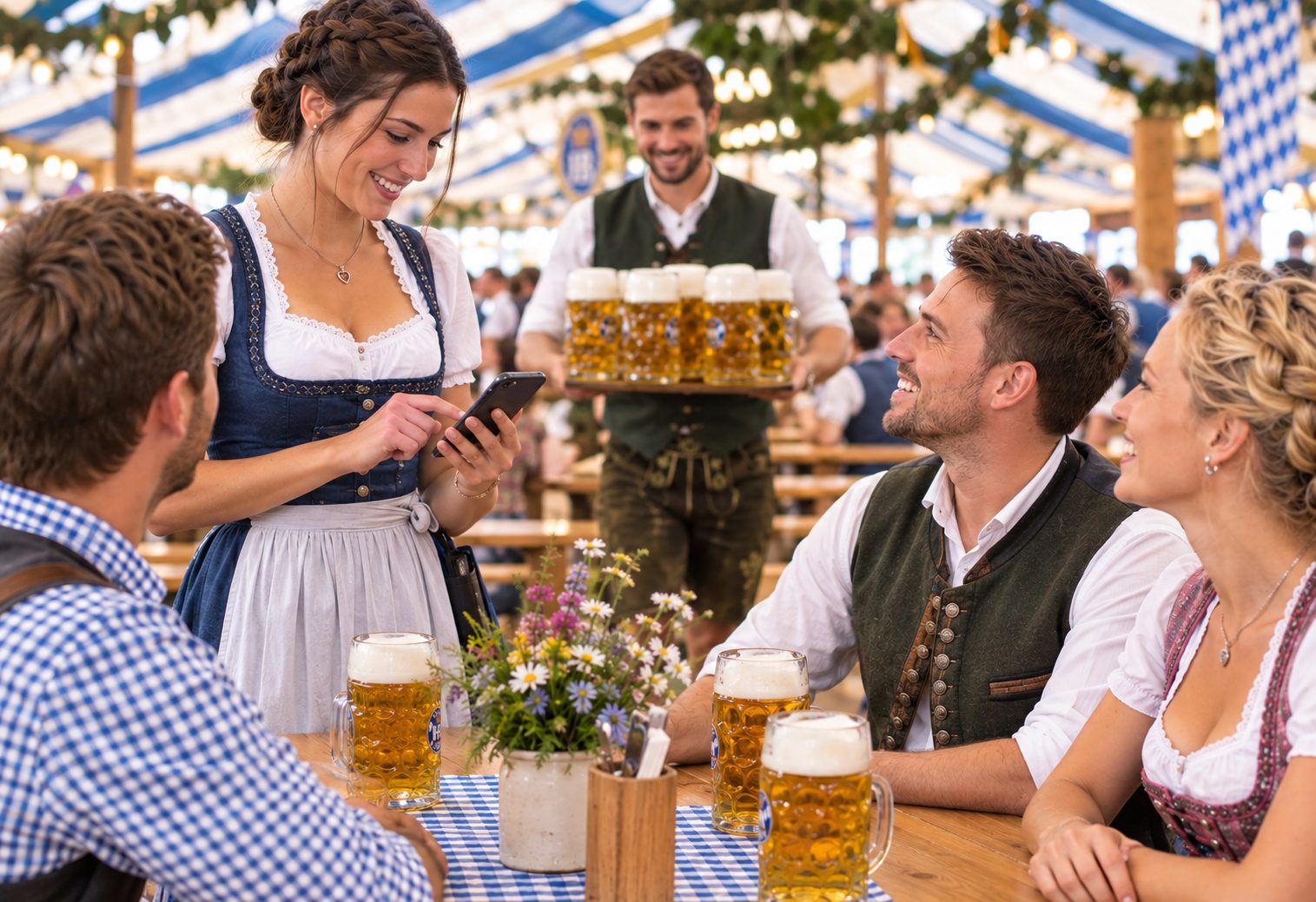 Bedienung im Festzelt nimmt am Tisch eine Bestellung auf dem Smartphone auf, im Hintergrund trägt ein Kellner Maßkrüge