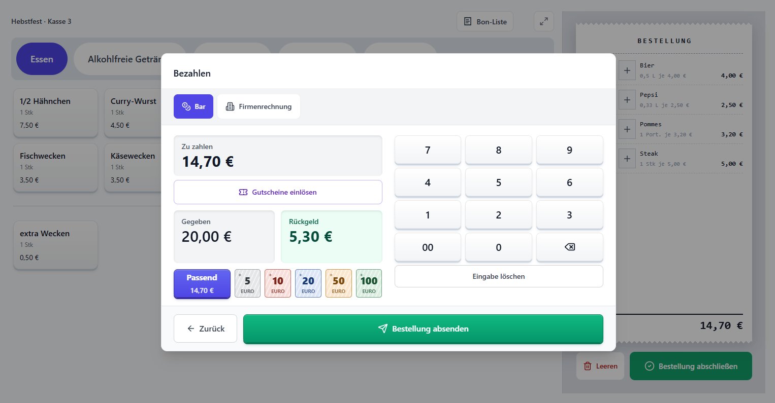 Kassenoberfläche von klimpr beim Bezahlen: zu zahlen 14,70 €, gegeben 20,00 €, Rückgeld 5,30 €, darunter Geldtasten im Aussehen von Euro-Scheinen