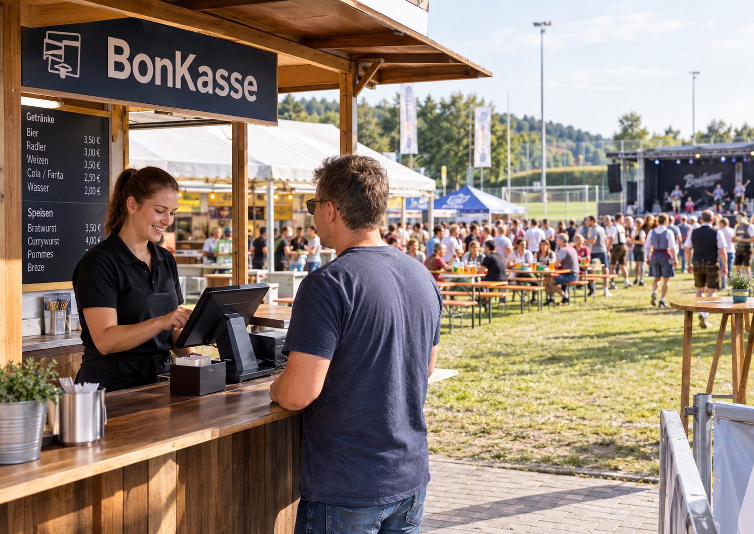 Kassenstand im Freien auf einem Sportplatz: Eine Helferin kassiert an einer Touch-Kasse, im Hintergrund Bierbänke, Besucher und eine Bühne